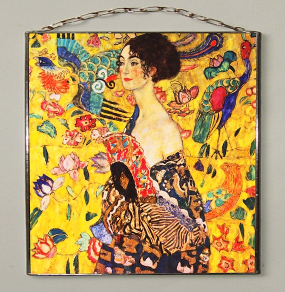 Gustav Klimt Dama con abanico, vidriera e impresión sobre lienzo. Regalo. -   México
