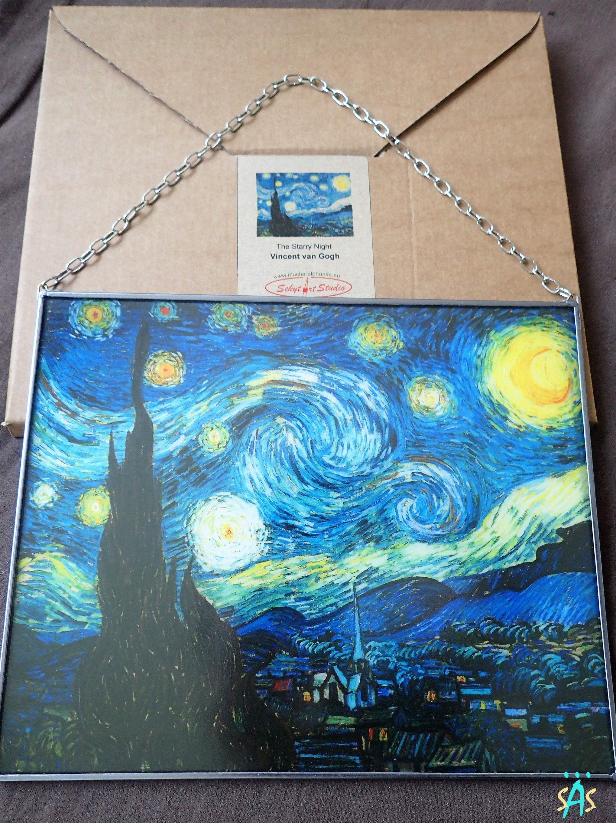 専用 ステンドグラス パネル「 月と星の一夜」 ヴィンセント・ヴァン・ゴッホ - 星月夜。ステンドグラスとキャンバス