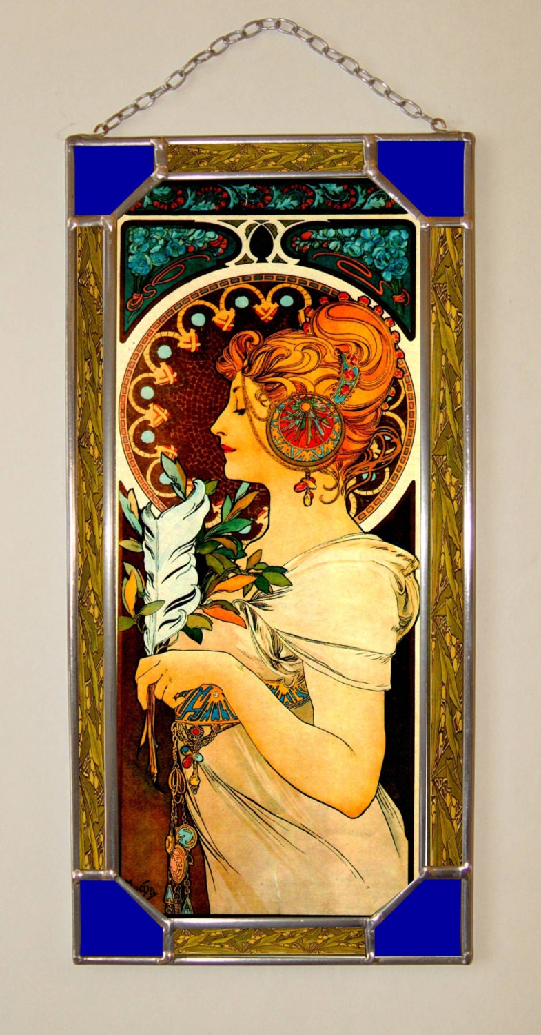 ミュシャ 購入 ステンドグラス「羽根」「桜草」 新品未使用 ミュシャ