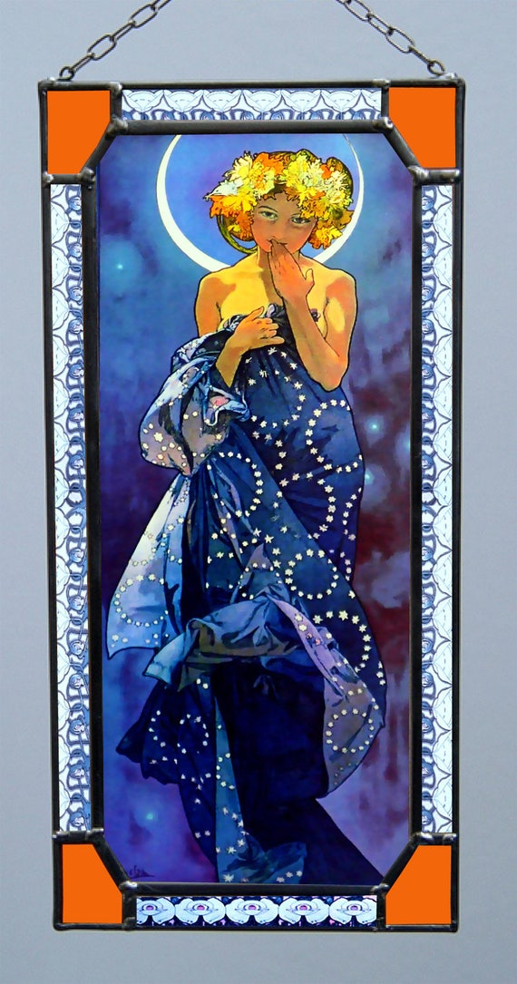 Alphonse Mucha 'the Moon' Art Nouveau Stained Glass & Canvas Print