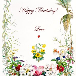 May include: A greeting card featuring the text Happy Birthday and Love in dark red script, centred above a small red heart. The design is framed by a botanical illustration of green palm fronds, grasses, and colourful flowers in shades of pink, white, yellow, and red.