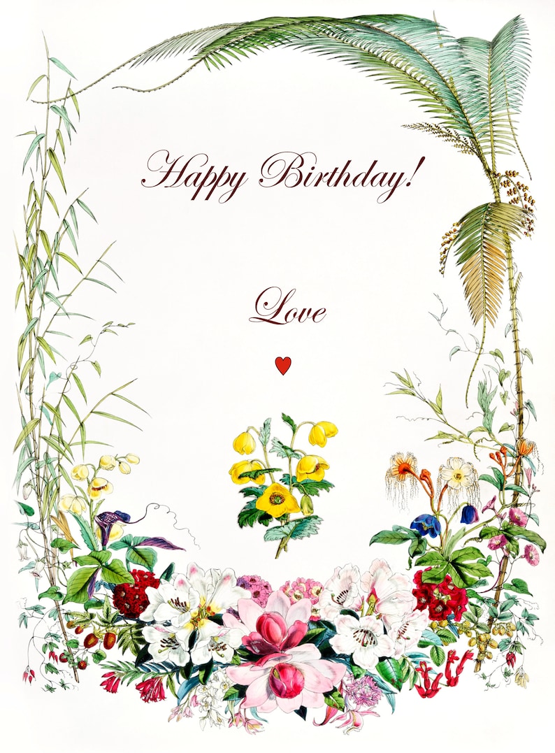 May include: A greeting card featuring the text Happy Birthday and Love in dark red script, centred above a small red heart. The design is framed by a botanical illustration of green palm fronds, grasses, and colourful flowers in shades of pink, white, yellow, and red.