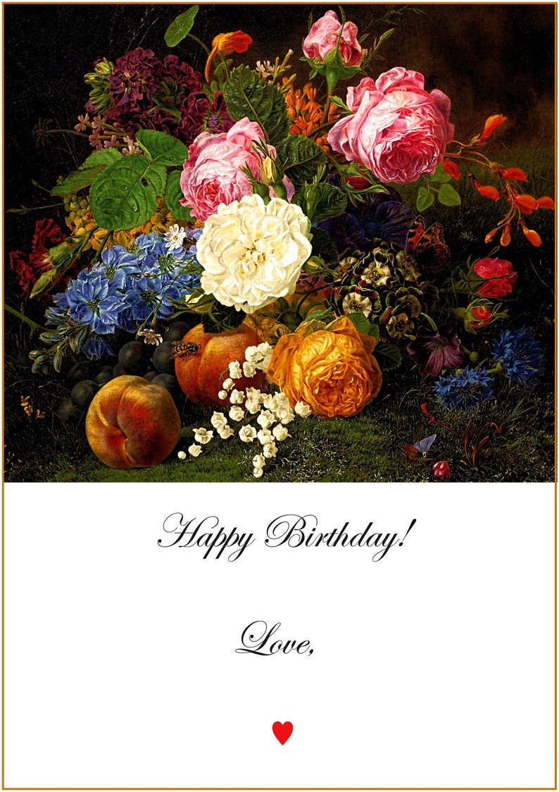 May include: A greeting card featuring a vibrant floral arrangement with pink, white, and yellow roses, blue delphiniums, and lily of the valley, alongside peaches and grapes. The text reads Happy Birthday! Love, with a small red heart icon below.