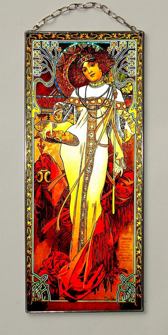 Alphonse Mucha Autumn Art Nouveau Stained Glass Panel – Matte