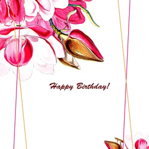 May include: A greeting card featuring a hand-drawn illustration of pink and white magnolia flowers and buds. The text Happy Birthday is printed in dark red. Two thin, overlapping rectangular frames in orange and pink border the design.