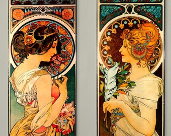 4X Alphonse Mucha - Primrose and Feather,2X Stained glass AND 2X printing on Canvas .Price for four.Gift.Present