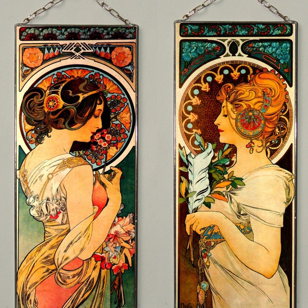 4x Alphonse Mucha - Primrose and Feather, 2x Stained glass and 2x print on canvas. Price for four.Gift.Present