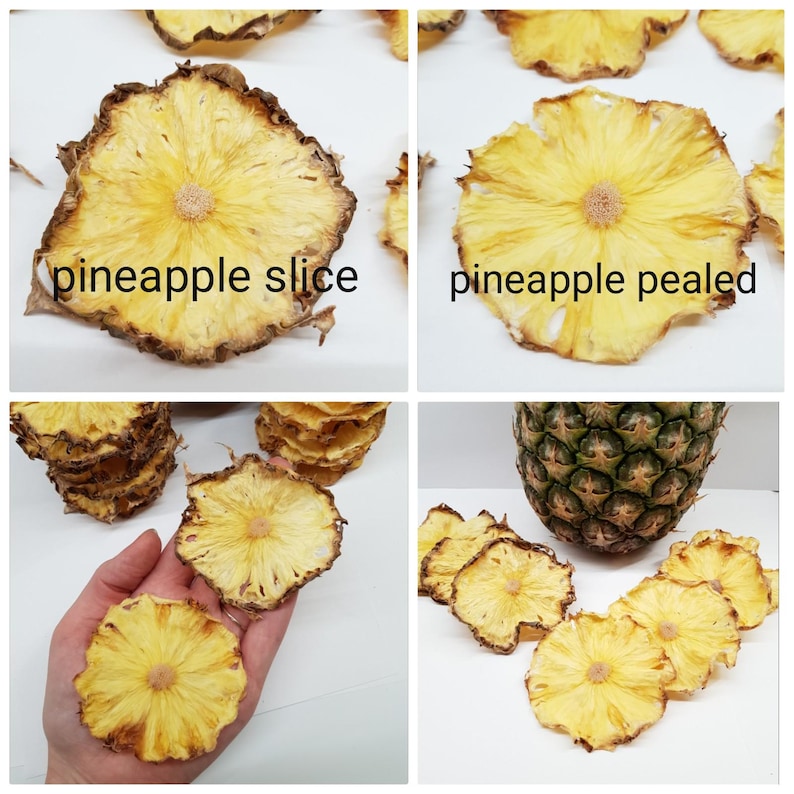 May include: Dried pineapple slices, some are whole and some are stacked. The pineapple slices are yellow and have a brown outer edge. The text "pineapple slice" and "pineapple pealed" is visible in the image.