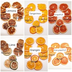 May include: Dried citrus fruit slices in various sizes and colours, including lemons, limes, oranges, grapefruits, and tangerines. The slices are arranged in rows, with labels indicating the type of fruit.