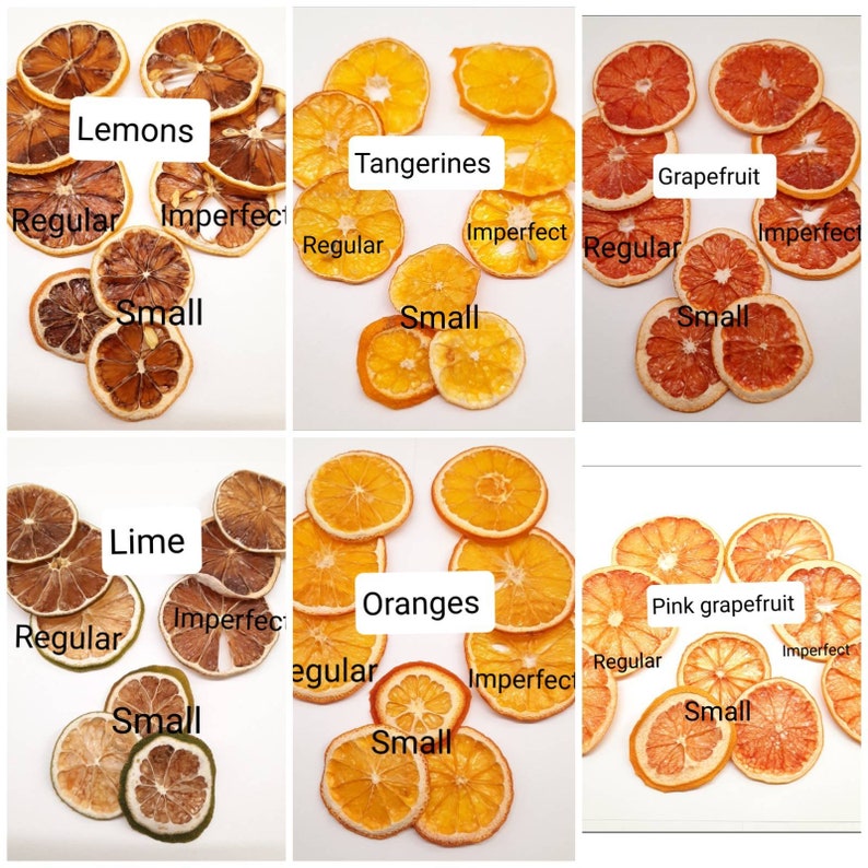 May include: Dried citrus fruit slices in various sizes and colours, including lemons, limes, oranges, grapefruits, and tangerines. The slices are arranged in rows, with labels indicating the type of fruit.