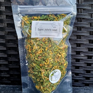 May include: A clear plastic bag filled with dried yellow and green St. John's Wort, labeled "100% Natural Saint John's Wort Hypericum perforatum".