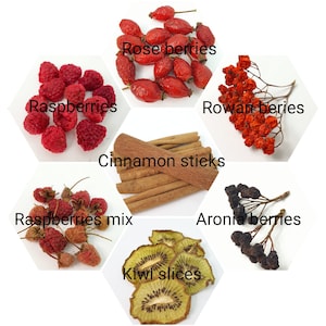 May include: A hexagonal arrangement of dried fruits and spices, including raspberries, rose hips, rowan berries, aronia berries, kiwi slices, and cinnamon sticks.