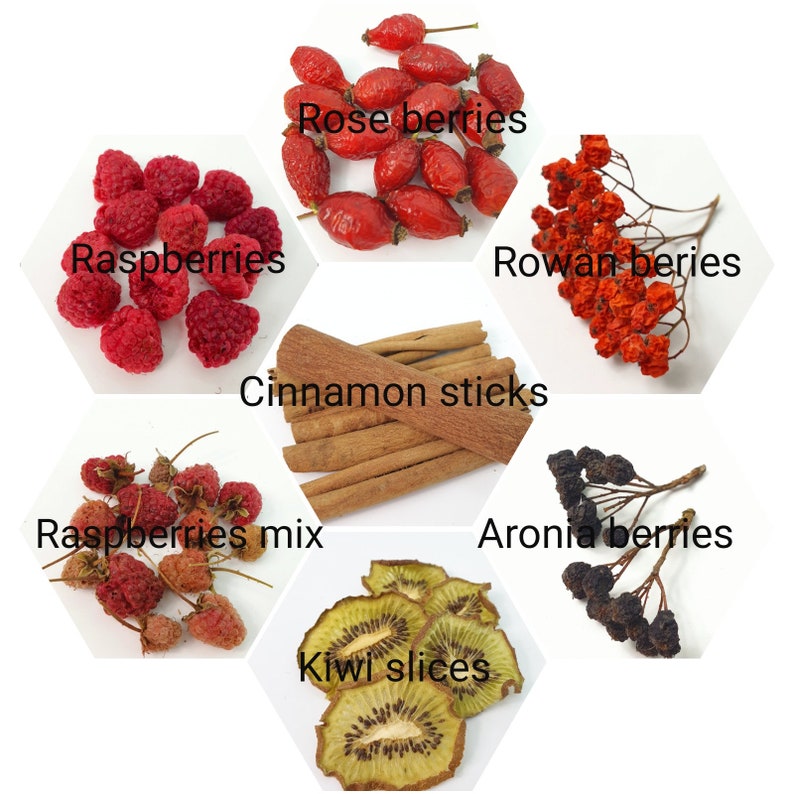 May include: A hexagonal arrangement of dried fruits and spices, including raspberries, rose hips, rowan berries, aronia berries, kiwi slices, and cinnamon sticks.