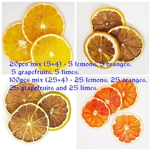 May include: Dried citrus fruit slices in a variety of colours, including yellow, orange, and red. The image shows two different sizes of mixes: 20 pieces (5x4) and 100 pieces (25x4). The text in the image reads: "20pcs mix (5x4) - 5 lemons, 5 oranges, 5 grapefruits, 5 limes. 100pcs mix (25x4) - 25 lemons, 25 oranges, 25 grapefruits and 25 limes."