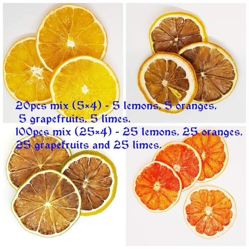 May include: Dried citrus fruit slices in a variety of colours, including yellow, orange, and red. The image shows two different sizes of mixes: 20 pieces (5x4) and 100 pieces (25x4). The text in the image reads: "20pcs mix (5x4) - 5 lemons, 5 oranges, 5 grapefruits, 5 limes. 100pcs mix (25x4) - 25 lemons, 25 oranges, 25 grapefruits and 25 limes."
