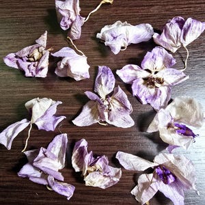 Peut inclure: Fleurs séchées violettes aux pétales délicats disposées sur une surface en bois brun.