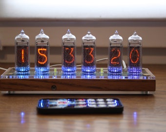 Nixie tube clock include IN-14 tubes and wooden case with acrylic cover old school combined with handmade retro decor art USB type C