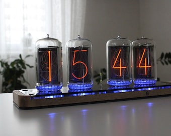 Nixie tube clock with biggest RFT tubes Z568M very big and nice look tubes remote control temperature enclosure wooden housing