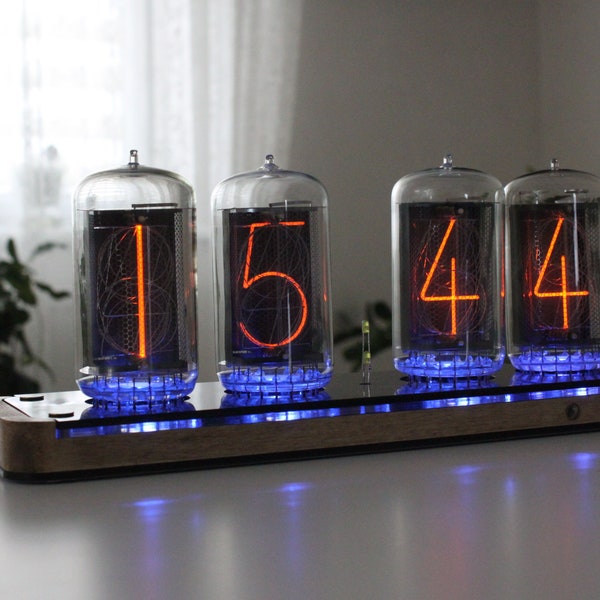 Nixie tube clock with biggest RFT tubes Z568M very big and nice look tubes remote control temperature enclosure wooden housing