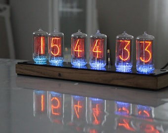 Nixie tube clock with BIG RTF tubes Z566M (same size as IN-18) remote control temperature and enclosure handmade wooden housing