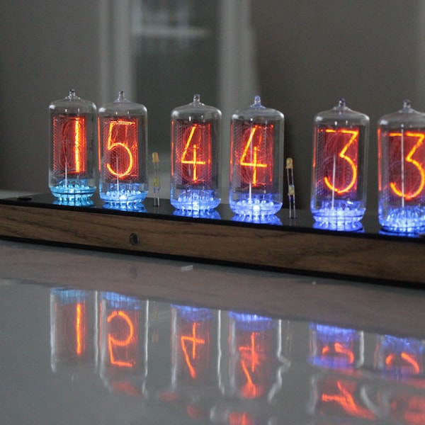 Nixie tube clock with BIG RTF tubes Z566M (same size as IN-18) remote control temperature and enclosure handmade wooden housing