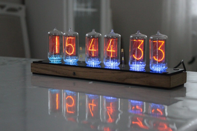 Nixie tube clock with BIG RTF tubes Z566M same size as IN-18 remote control temperature and enclosure handmade wooden housing image 1