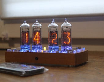 Nixie tube clock with IN-14 tubes and case old school combined modern, wooden case with different covers, vintage desk clock