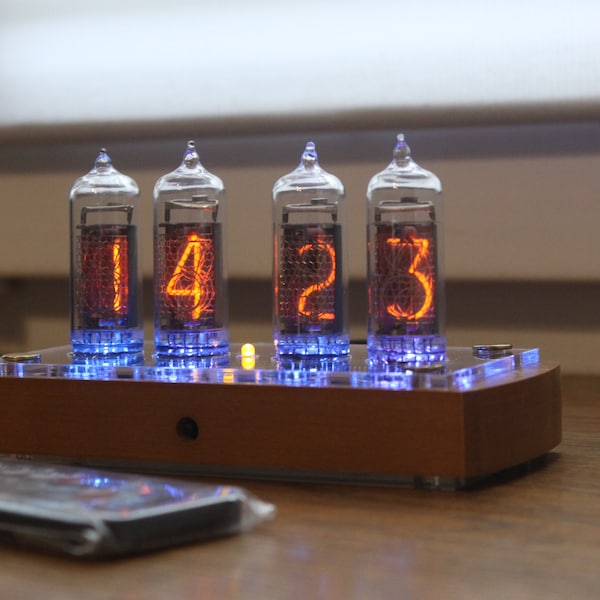 Nixie tube clock with IN-14 tubes and case old school combined modern, wooden case with different covers, vintage desk clock