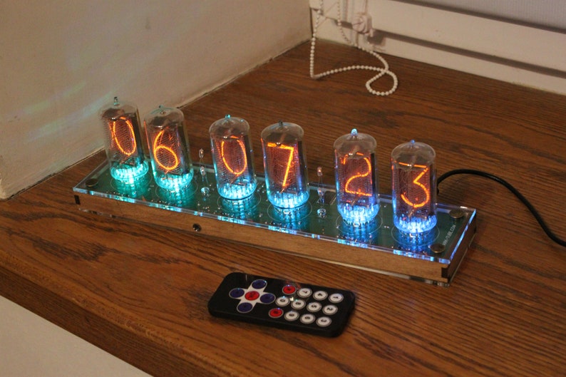 Nixie tube clock with BIG RTF tubes Z566M same size as IN-18 remote control temperature and enclosure handmade wooden housing image 3