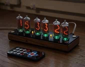 Nixie tube clock with IN-8-2 tubes || fine 5, not up side down 2 remote control temperature and enclosure plywood and black