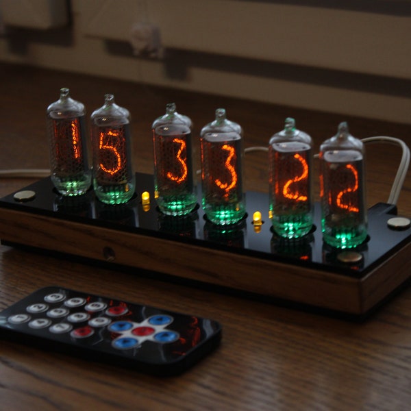 Nixie tube clock with IN-8-2 tubes || fine 5, not up side down 2 remote control temperature and enclosure plywood and black