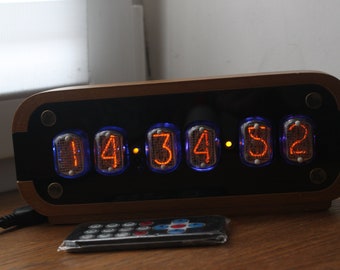 Nixie tube clock in-12, desk alarm clock with motion sensor, soviet nixie watch, vintage tube clock retro and wood