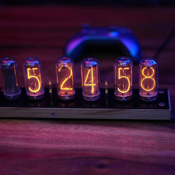 Nixie tube clock with biggest USSR tubes IN-18 fine 5, not up side down 2 remote control temperature and enclosure wood plywood