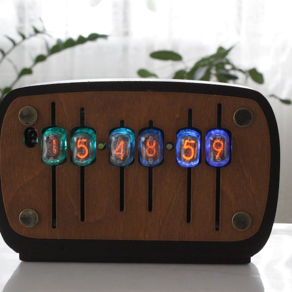 Nixie tube clock with motion sensor include IN-17 tubes with enclosure and fully assembled with handmade retro alarm Vintage Tube Clock