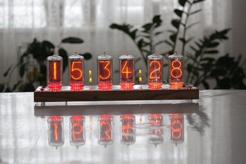 Nixie tube clock with BIG RTF tubes Z566M same size as IN-18 remote control temperature and enclosure handmade wooden housing image 8