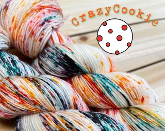 yarn, crazy cookie, PRE-ORDER, indie dyed yarn, worsted, DK, sock yarn, speckled yarn, sw merino yarn, white yarn with colorful speckles