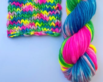 yarn, care bear stare, PRE-ORDER, neon yarn, neon rainbow yarn, sw merino yarn, bright neon yellow yarn, gen x knitting, 80s cartoons