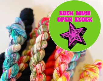 yarn, mini skeins, sock minis, ready to ship, open stock yarn, speckled minis, mulit-colored mini skeins, sw merino, fingering yarn