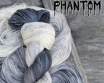 yarn, phantom, PRE-ORDER, black gray and white yarn, grayscale yarn, indie dyed yarn, worsted yarn, Dk yarn, sock yarn, black and white yarn