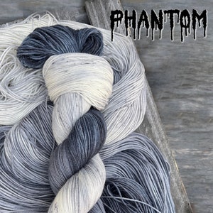 yarn, phantom, PRE-ORDER, black gray and white yarn, grayscale yarn, indie dyed yarn, worsted yarn, Dk yarn, sock yarn, black and white yarn