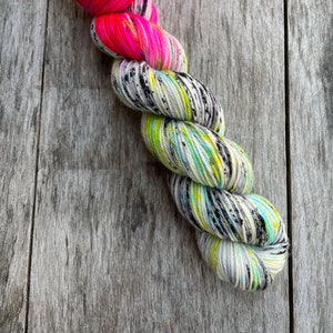 yarn, PRE-ORDER, disco cow, neon yarn, speckled yarn, sw merino, sock yarn, worsted, dk yarn, hand dyed yarn, pink yarn, indie dyed yarn