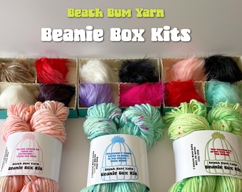 yarn, beanie box kits, beanie kits, bulky yarn, speckled bulky yarn sets, make your own hat sets, detachable faux fur pompoms