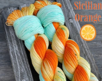 yarn, sicilian orange, PRE-ORDER, orange and blue yarn, sw merino, indie dyed yarn, worsted yarn, DK yarn, sock yarn, green speckle yarn
