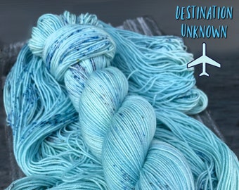 yarn, destination unknown, PRE-ORDER, light blue yarn with speckles, semi-solid yarn, blue semi-solid yarn, sw merino yarn, hand dyed yarn