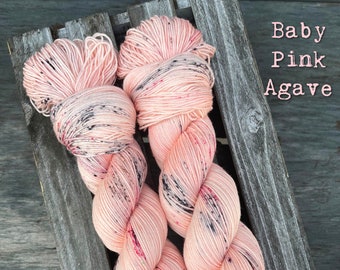yarn, baby pink agave, PRE-ORDER, light pink yarn with speckles, indie dyed yarn, pink yarn, pink worsted, pink dk yarn, pink sock yarn