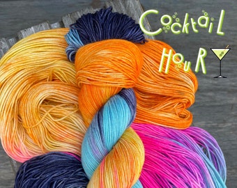 yarn, cocktail hour, PRE-ORDERS, indie dyed yarn, pink and orange yarn, sw merino, wool yarn, worsted, DK yarn, sock yarn