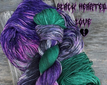 yarn, black hearted love, PRE-ORDER, violet and green yarn, dark yarn, worsted yarn, dk yarn, sock yarn, black and green yarn