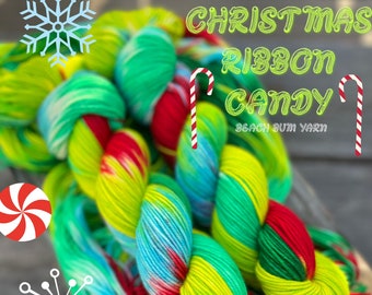 yarn, Christmas ribbon candy, PRE-ORDER, neon green and red yarn, christmas yarn, worsted yarn, dk yarn, sock yarn, neon blue and green yarn