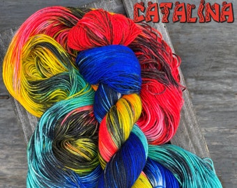 yarn, catalina, PRE-ORDER, neon red yarn, spanish tile, sw merino yarn, bright blue and black yarn, worsted yarn, DK, Sock yarn