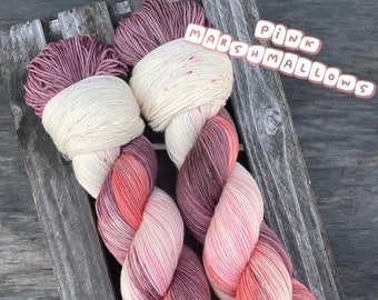 yarn, pink marshmallows, PRE-ORDER, white and pink yarn, lightly speckled yarn, indie dyed yarn, mauve yarn, baby pink yarn, sw merino